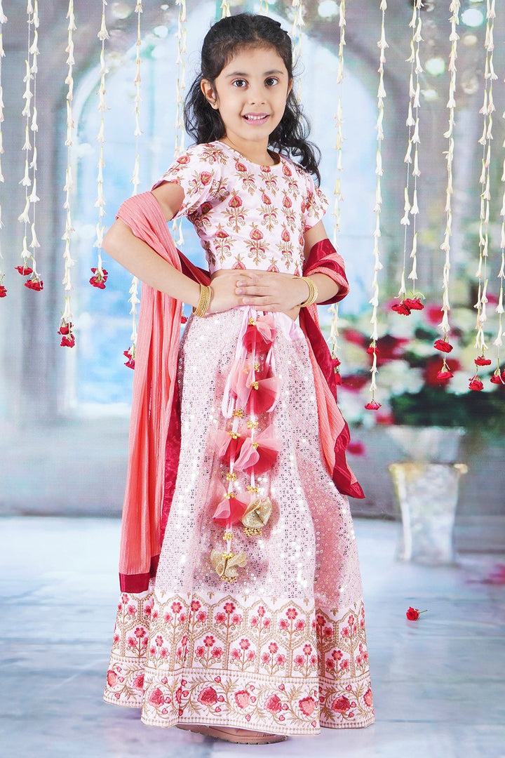 Girl Bageecha Floral Thread work Blouse with Mirror work Lehenga and Sequin moti work Dupatta, accompanied with Hand made tassel and Ghungroo work | SHOBITAM