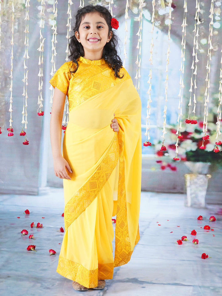 Floral Rangoli Blouse with Ready to wear Saree - Yellow | SHOBITAM