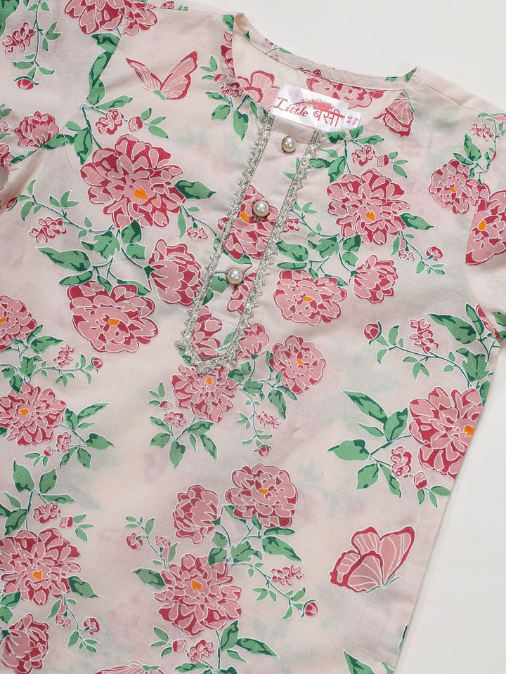Petal Pink Floral Cotton Kurta with Dhoti | SHOBITAM