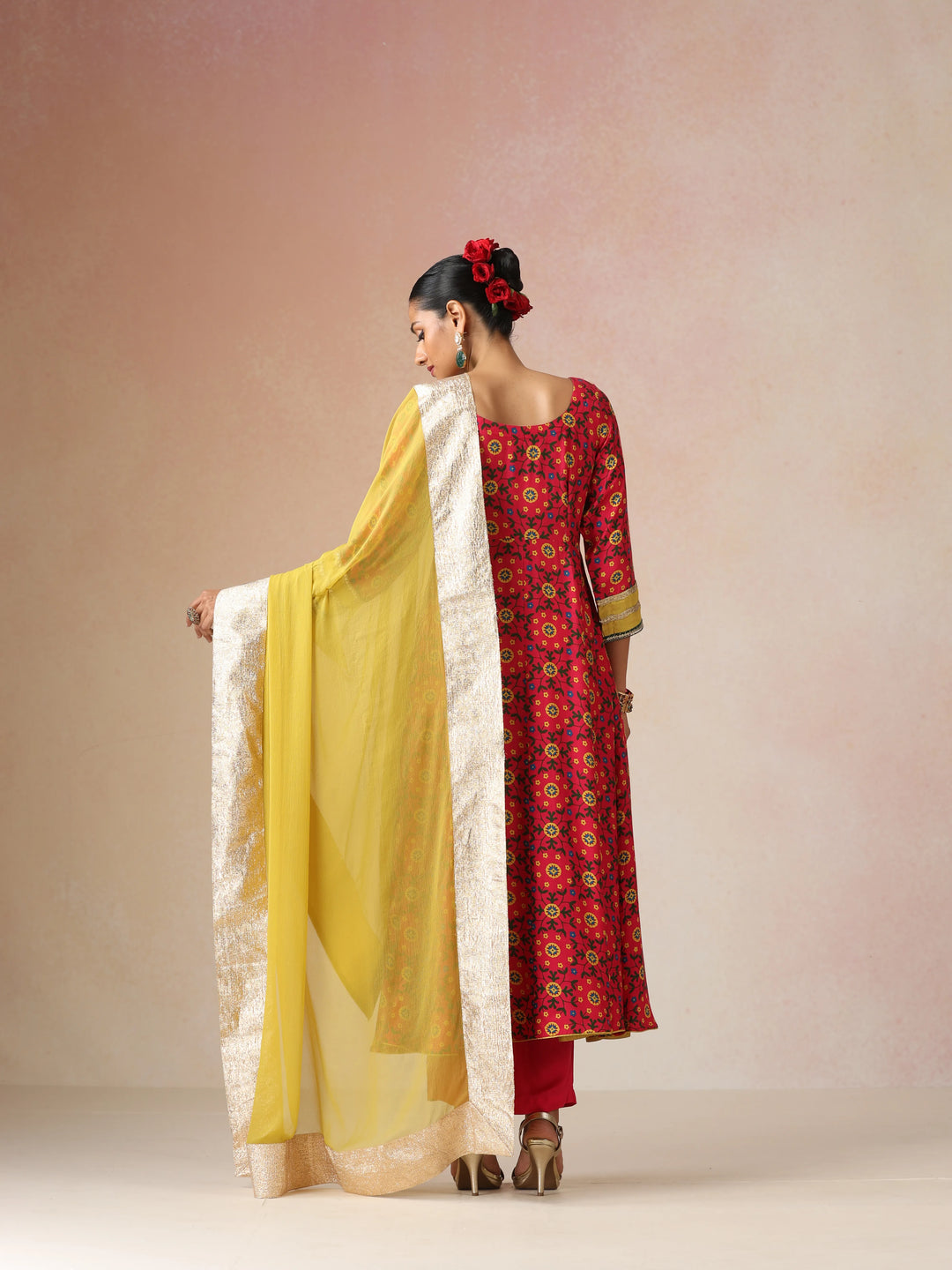 Pink Green Floral Print Viscose Anarkali Kurta Pants Dupatta Set | SHOBITAM