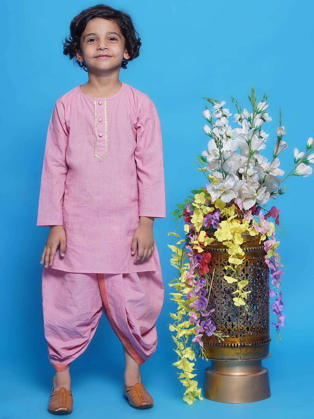 Cotton Sleeveless Golden Deer Embrodiery Nehru Jacket with Kurta and Dhoti - Peach | SHOBITAM
