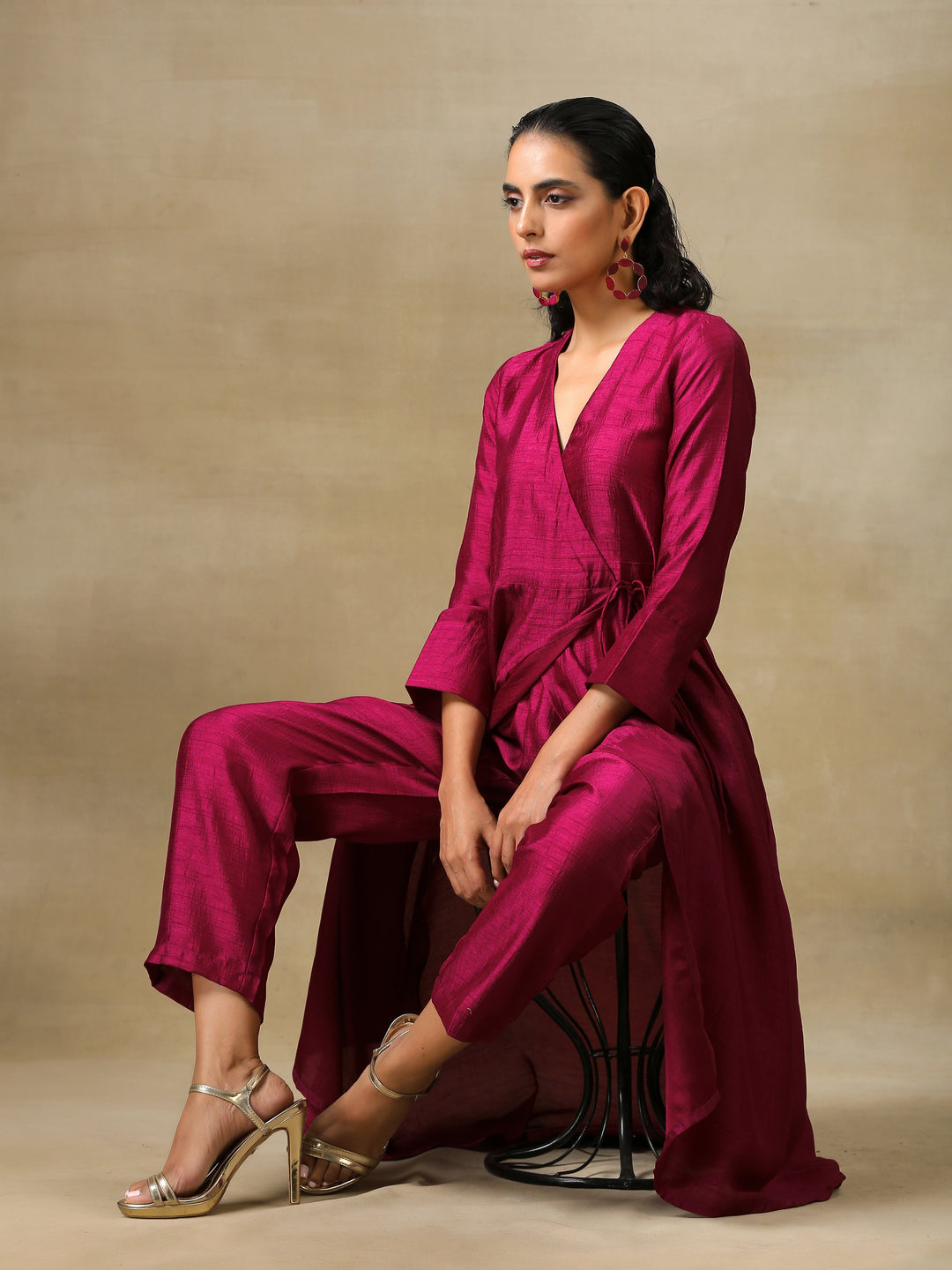 Purple Textured Silk Angrakha Kurta Pant Set | SHOBITAM