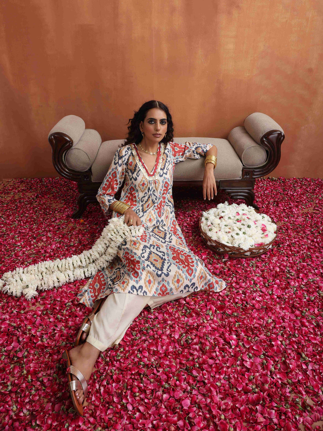 Off White Ikat Print Kurta Set  | SHOBITAM