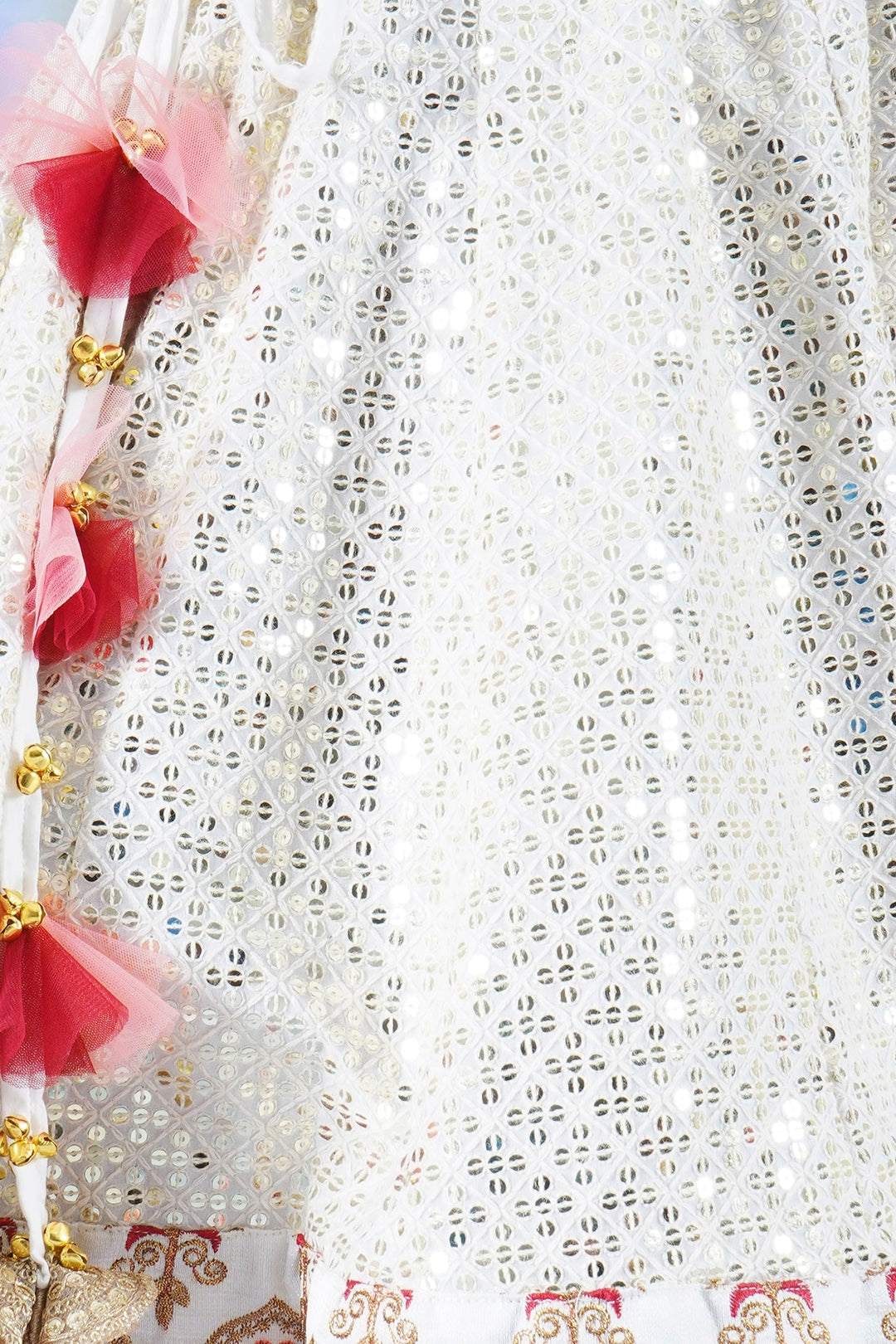 Girl Bageecha Floral Thread work Blouse with Mirror work Lehenga and Sequin moti work Dupatta, accompanied with Hand made tassel and Ghungroo work | SHOBITAM