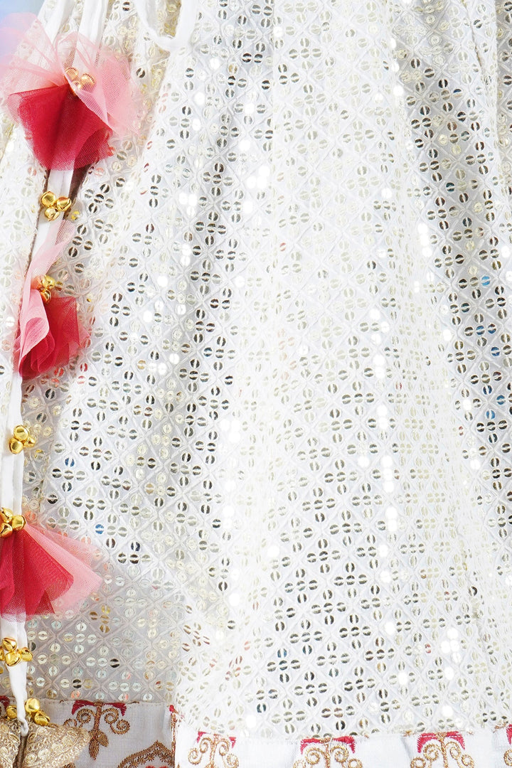 Girl Bageecha Floral Thread work Blouse with Mirror work Lehenga and Sequin moti work Dupatta, accompanied with Hand made tassel and Ghungroo work | SHOBITAM
