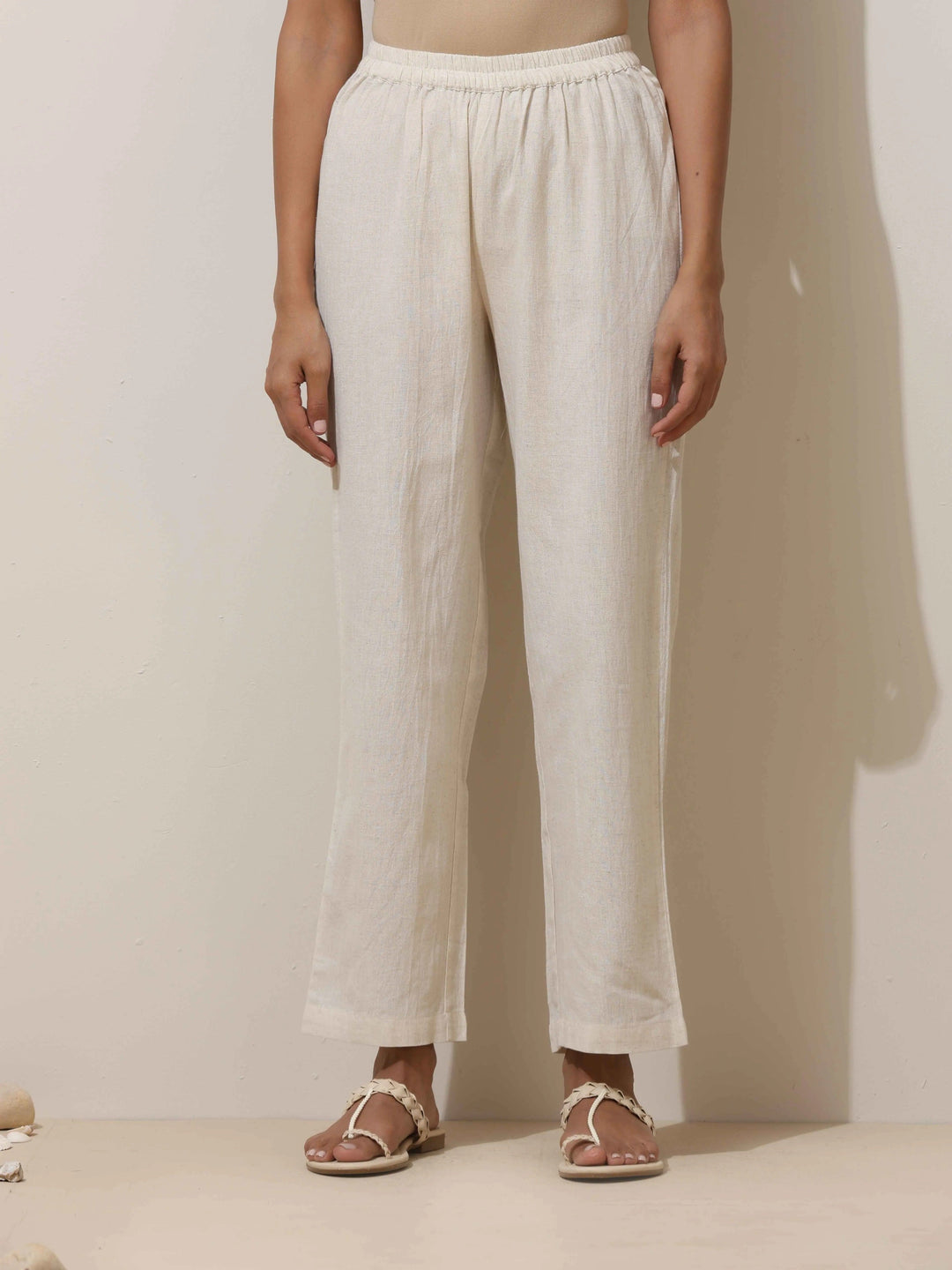 Off White Cotton Linen Angrakha Kurta Pant Set | SHOBITAM