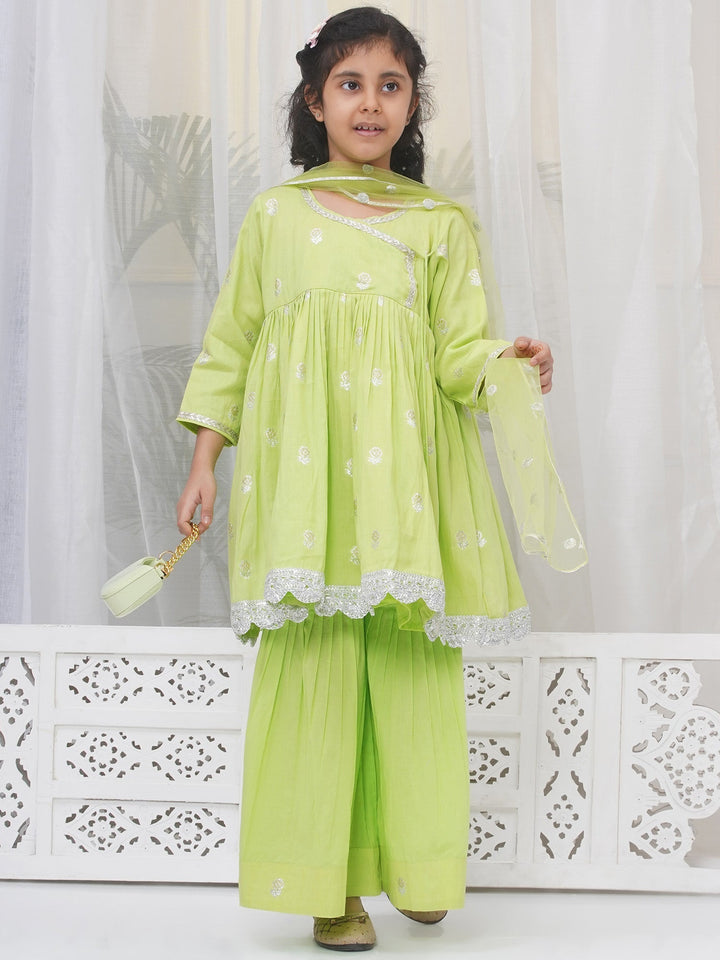Girls Cotton Three Fourth Sleeves Angrakha Kurta with Sharara and Net Dupatta with Rose & Petal Design Zari Work -Green | SHOBITAM