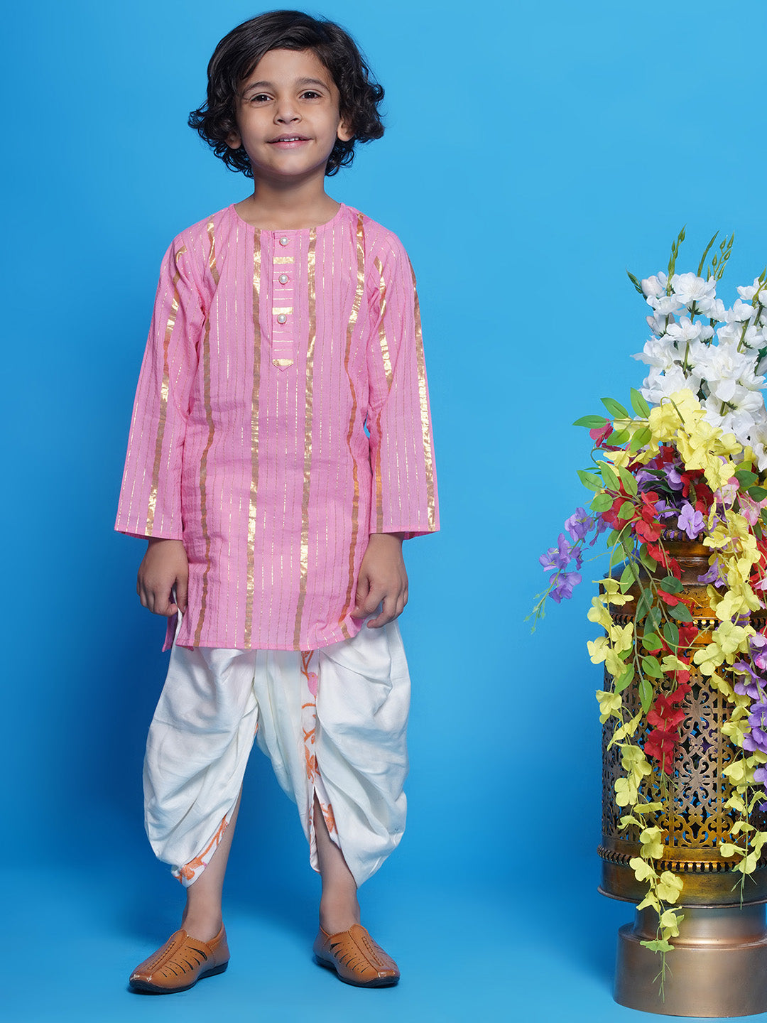 Cotton Sleevelees Floral Bird Thread Embrodiery Nehru Jacket with Striped Kurta and Dhoti - Pink and Cream | SHOBITAM