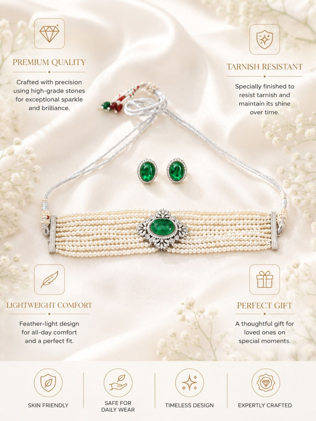 Emerald Pearl Choker Necklace Set in Silver Plating | SHOBITAM
