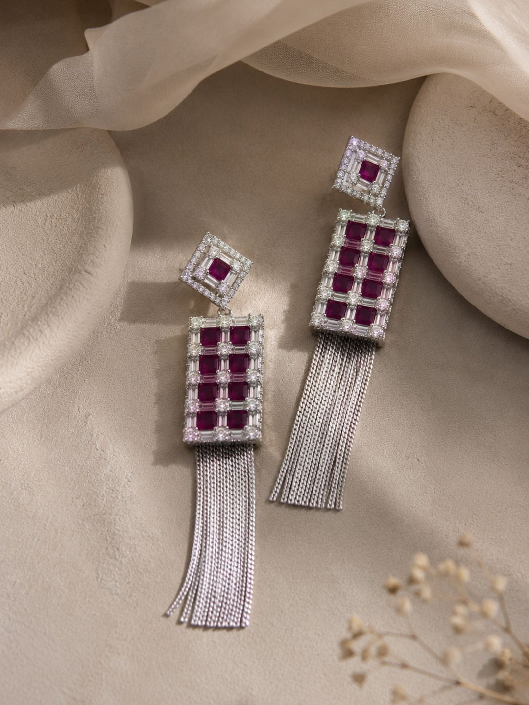 Ruby CZ Tassel Earrings in Silver Finish – Party Wear | SHOBITAM