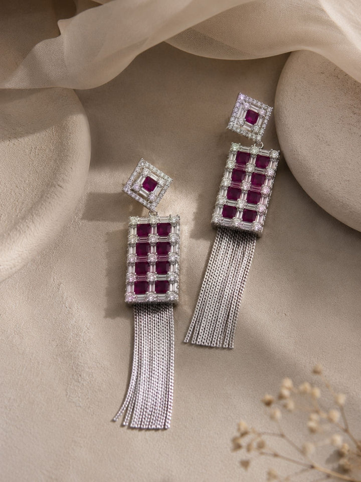 Ruby CZ Tassel Earrings in Silver Finish – Party Wear | SHOBITAM
