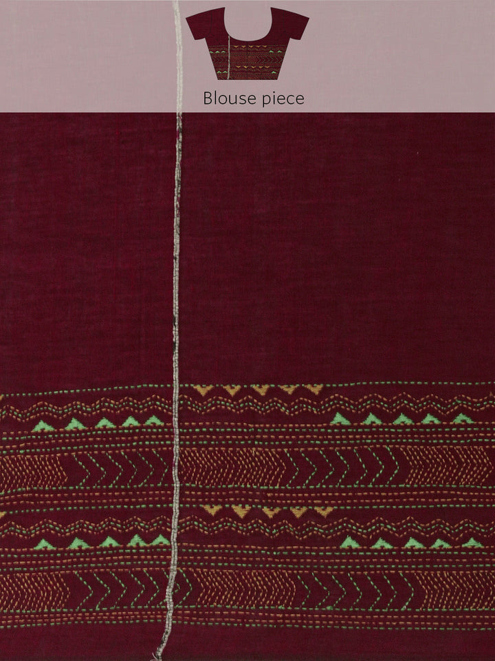 Maroon Yellow Khesh Kantha Stitch Cotton Saree | SHOBITAM