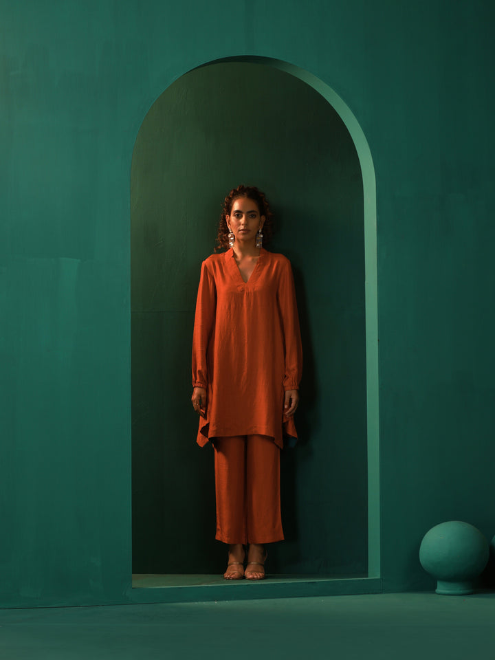 Rust Silk Collar Co-ord Set | SHOBITAM