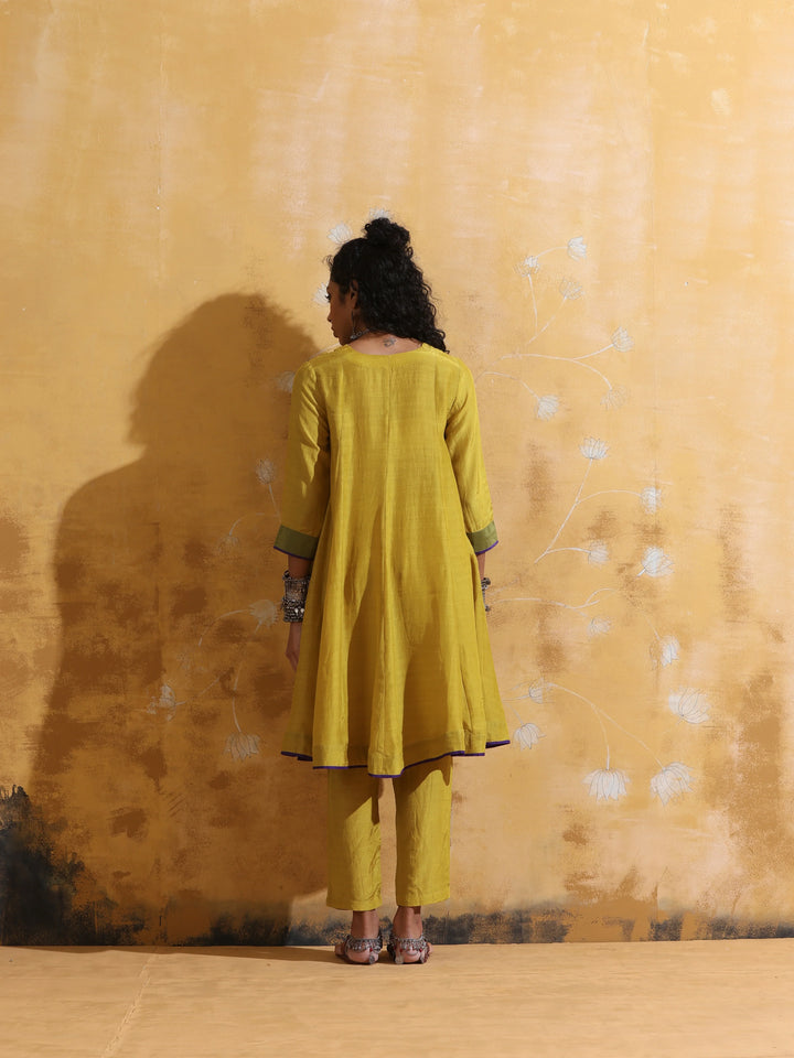 Lime Muslin Silk Flared Kurta Co-ord Set | SHOBITAM