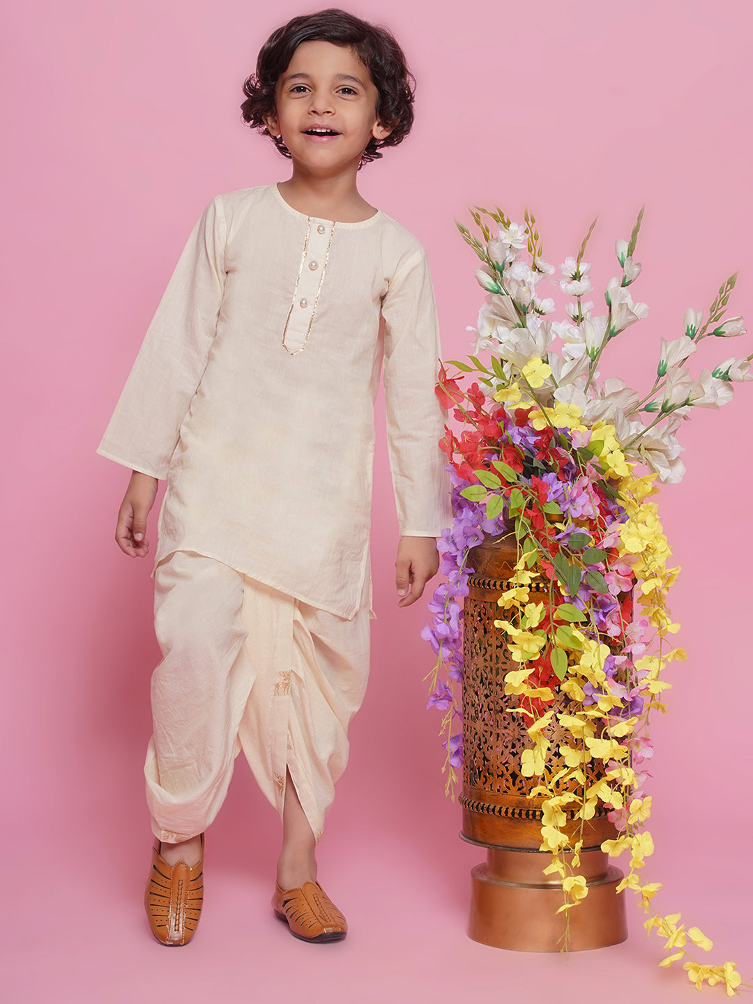 Cotton Sleevelees Golden Deer Embrodiery Nehru Jacket with Kurta and Dhoti - Cream | SHOBITAM