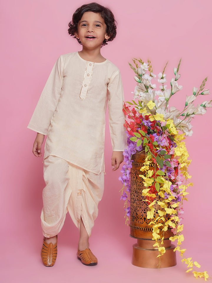 Cotton Sleevelees Golden Deer Embrodiery Nehru Jacket with Kurta and Dhoti - Cream | SHOBITAM