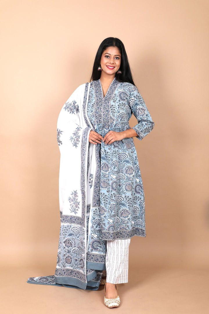 Salwaar Kameez set : Dusty Firozi 3 Piece Hand Block Printed Cotton Suit with mulmul dupatta
