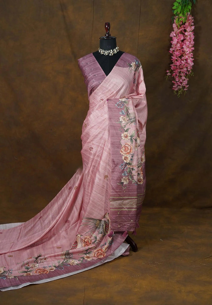 Thistle Semi Tussar Saree with Embroidery Outline | SHOBITAM