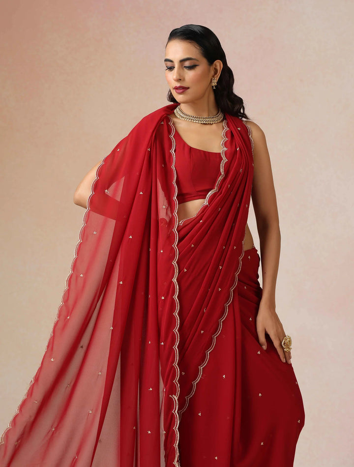 Maroon Georgette Embroidered Saree With unstitched Blouse | SHOBITAM