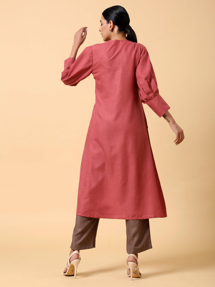 Cotton Linen Rust Red Kurta Pant Set | SHOBITAM