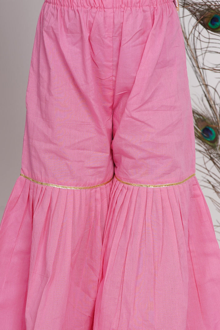 Girls Bengali Embroidery Lacework Kurta with Sharara & Dupatta in White & Pink |SHOBITAM