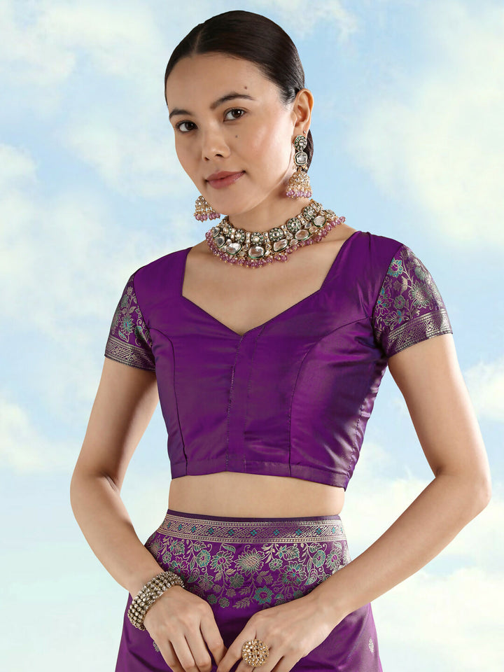Purple Semi Banarasi Satin silk Saree With Zari Border And Butti Work | SHOBITAM
