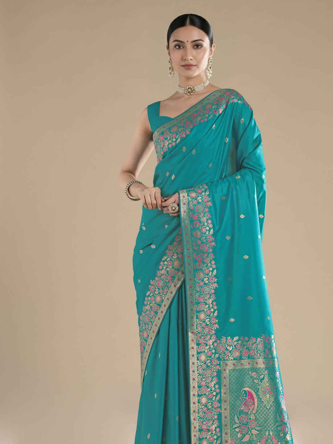 Turquoise Semi Banarasi Satin silk Saree With Zari Border And Butti Work | SHOBITAM