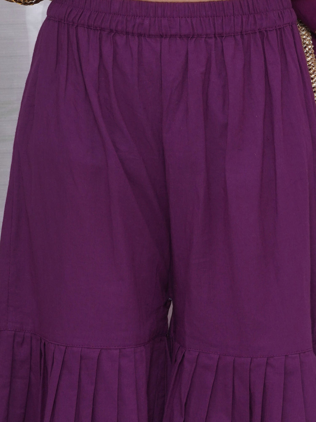 Girls Cotton Sleeveless Frock Style Kurta with Sharara and Dupatta with Golden Floral Zari Work - Purple| SHOBITAM