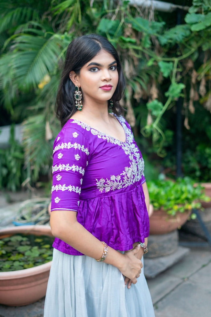 Rich Purple Raw Silk Peplum Blouse & Skirt | SHOBITAM