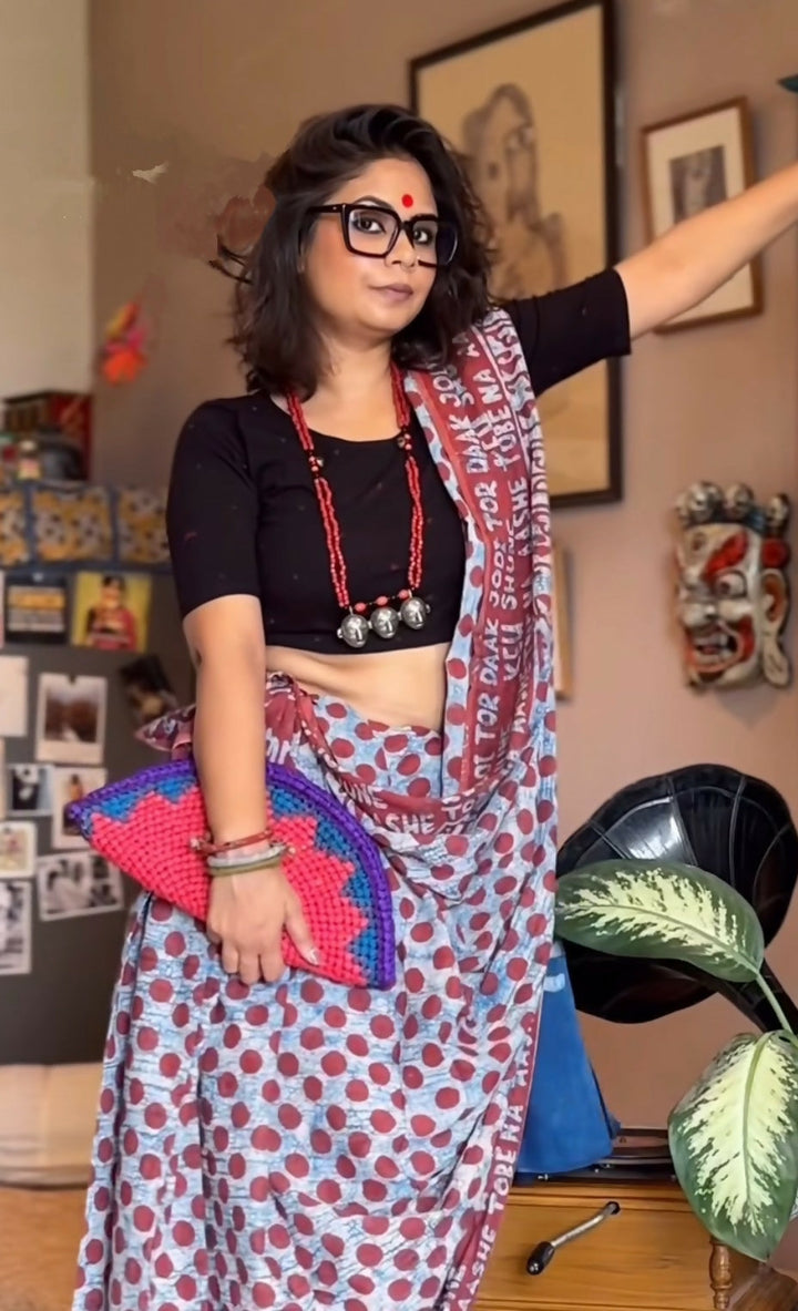 Muted Bluev Polka Nostalgia Ekla Cholo  Dabu Block Printed Cotton Saree | SHOBITAM