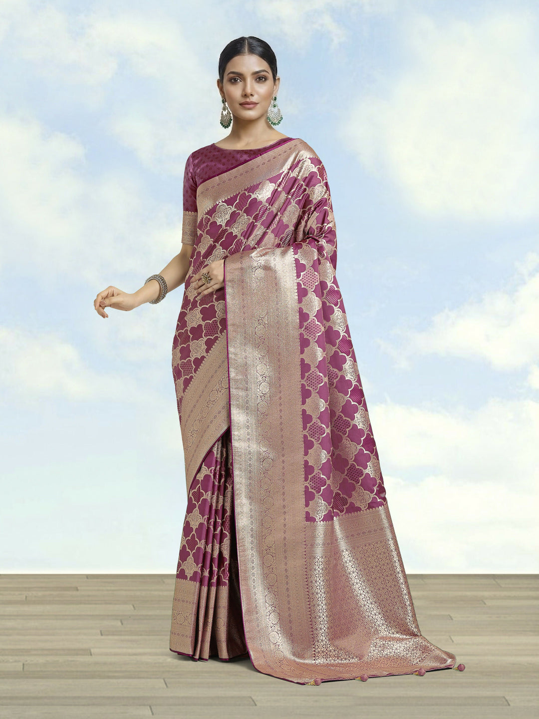 Rose Pink Banarasi Satin Silk Saree | SHOBITAM