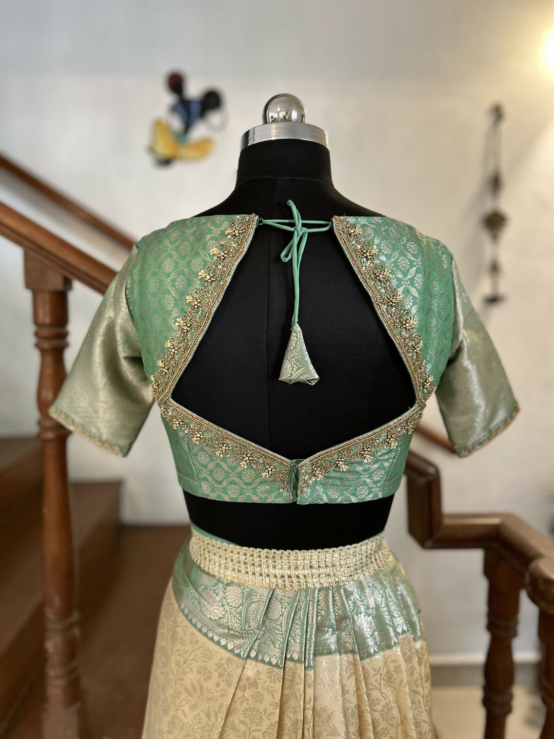 Sage Green Blouse with Champagne Gold Jacquard Skirt | SHOBITAM
