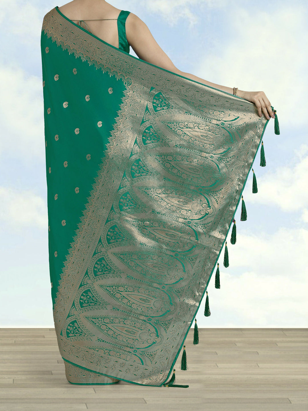Turquoise Banarasi Satin Silk Saree With Blouse Piece | SHOBITAM