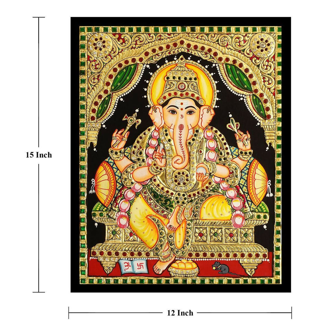 15*12" Yellow Dhothi Ganesha Tanjore painting Authentic with 22 Ct Gold Foil and Jaipur Gemstones, Unframed
