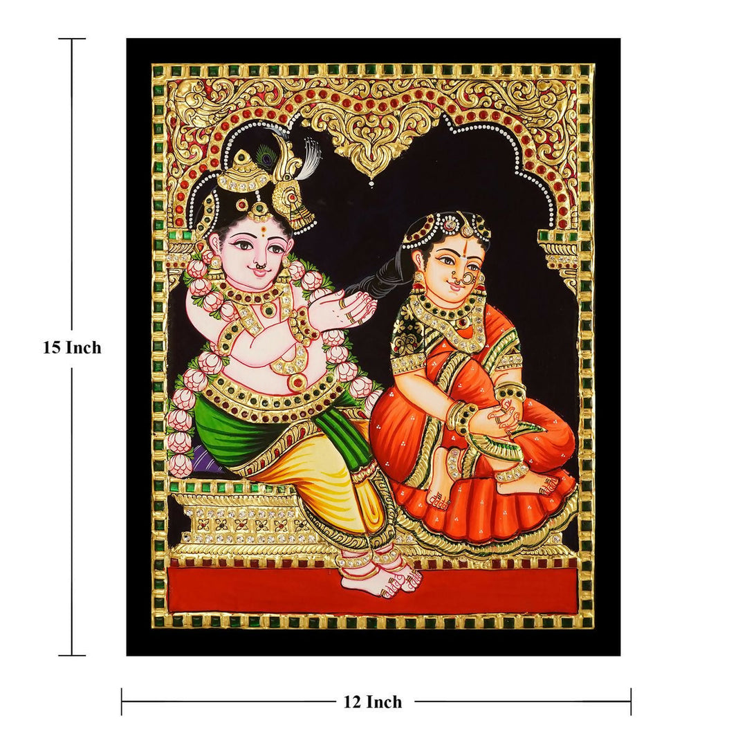12*15 TANJORE PAINTING Yashoda with Krishna Authentic With 22 Ct Gold Foil and Jaipur Gemstones,Unframed | SHOBITAM