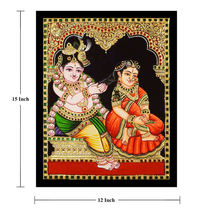 12*15 TANJORE PAINTING Yashoda with Krishna Authentic With 22 Ct Gold Foil and Jaipur Gemstones,Unframed | SHOBITAM