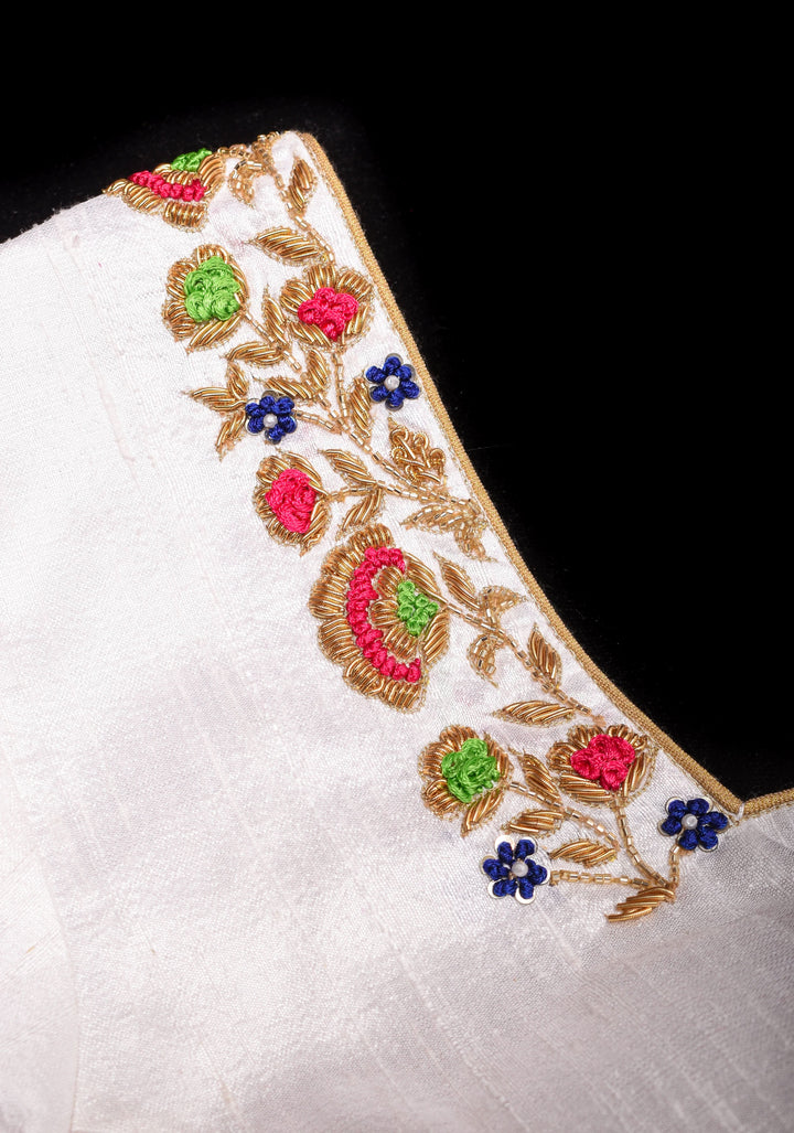 Off White Pure Raw Silk Blouse with multicolor Resham Hand Embroidery