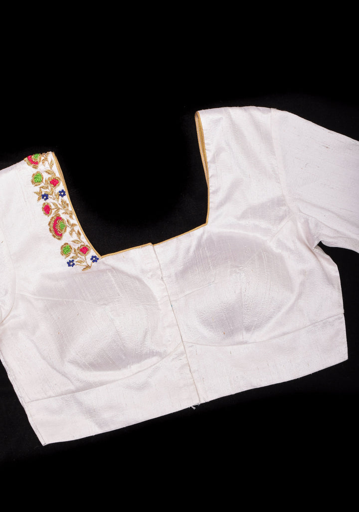 Off White Pure Raw Silk Blouse with multicolor Resham Hand Embroidery