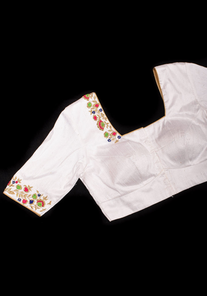 Off White Pure Raw Silk Blouse with multicolor Resham Hand Embroidery