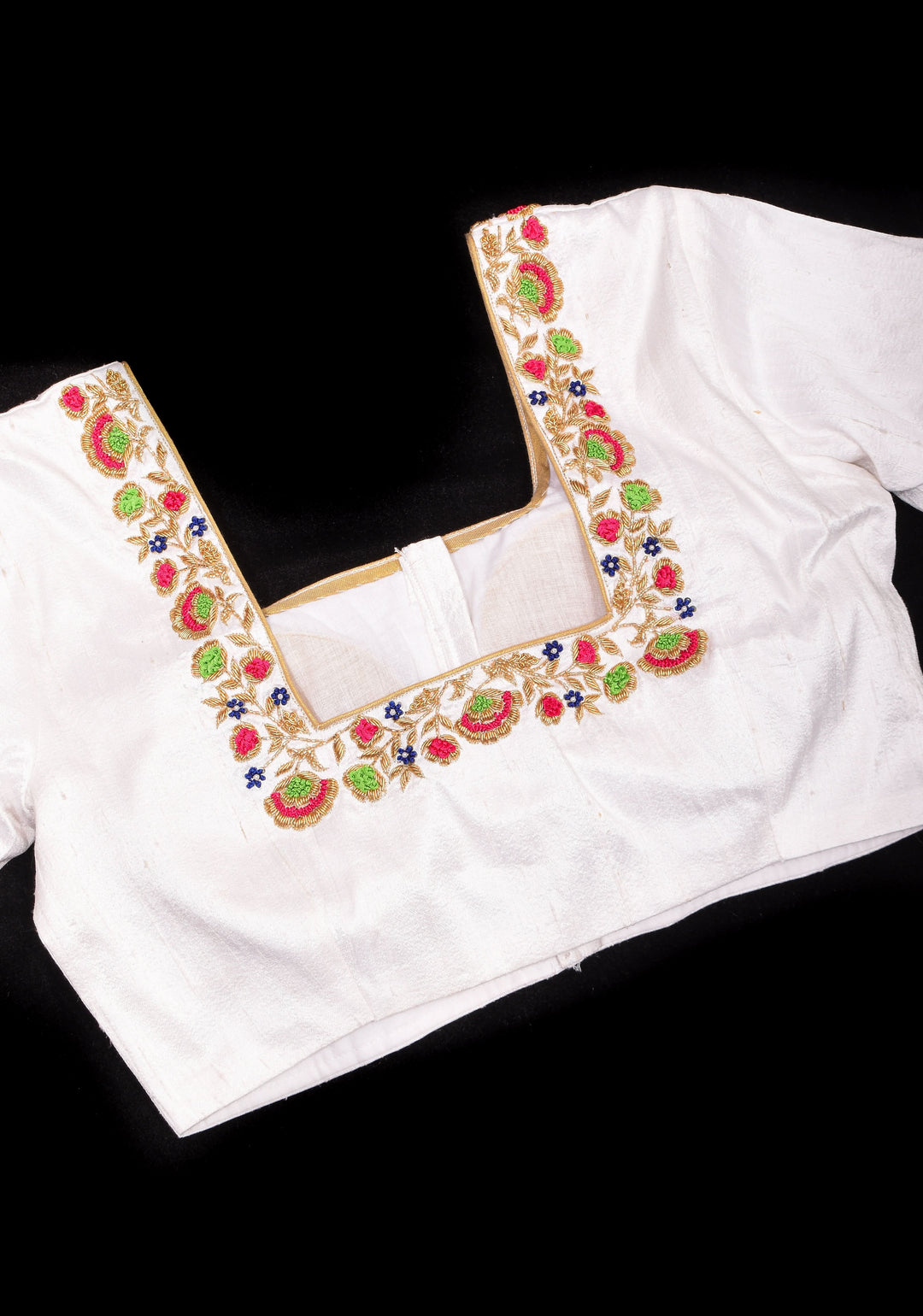 Off White Pure Raw Silk Blouse with multicolor Resham Hand Embroidery