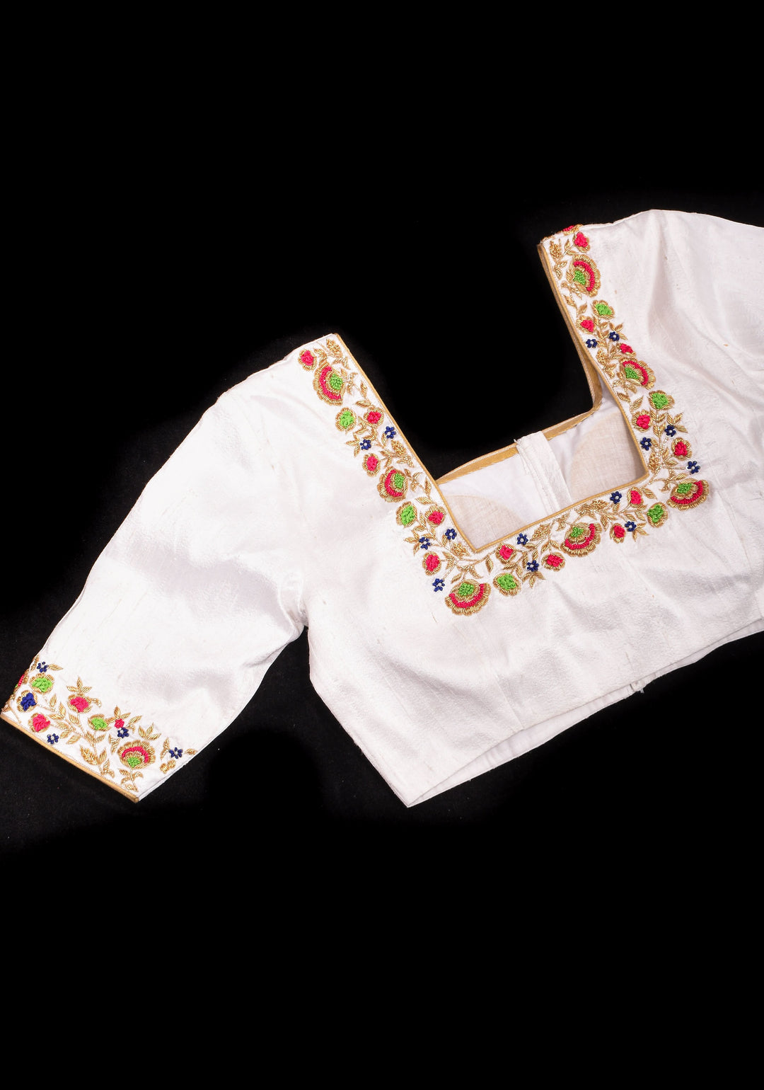 Off White Pure Raw Silk Blouse with multicolor Resham Hand Embroidery