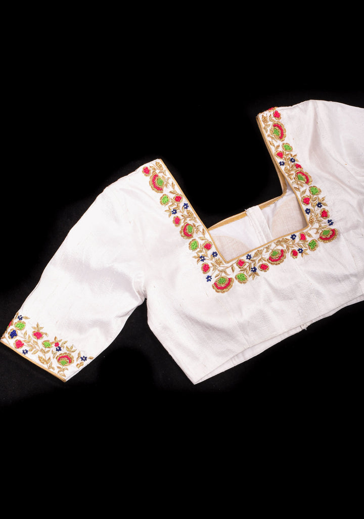 Off White Pure Raw Silk Blouse with multicolor Resham Hand Embroidery