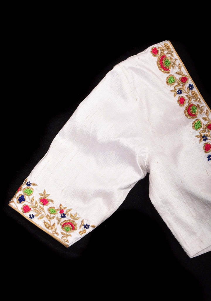 Off White Pure Raw Silk Blouse with multicolor Resham Hand Embroidery