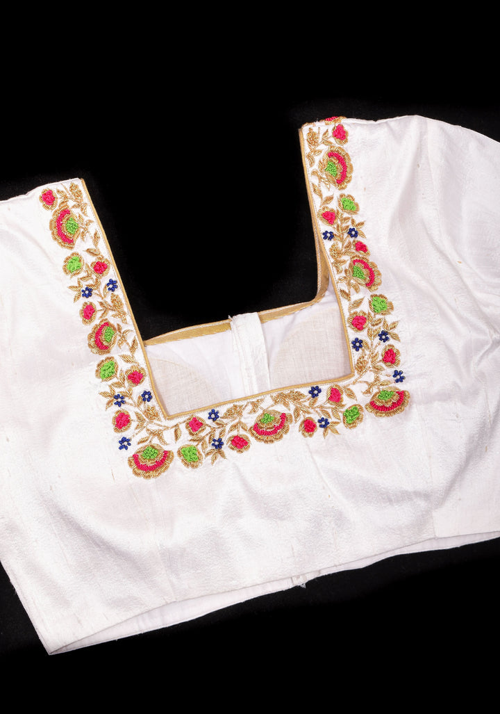 Off White Pure Raw Silk Blouse with multicolor Resham Hand Embroidery
