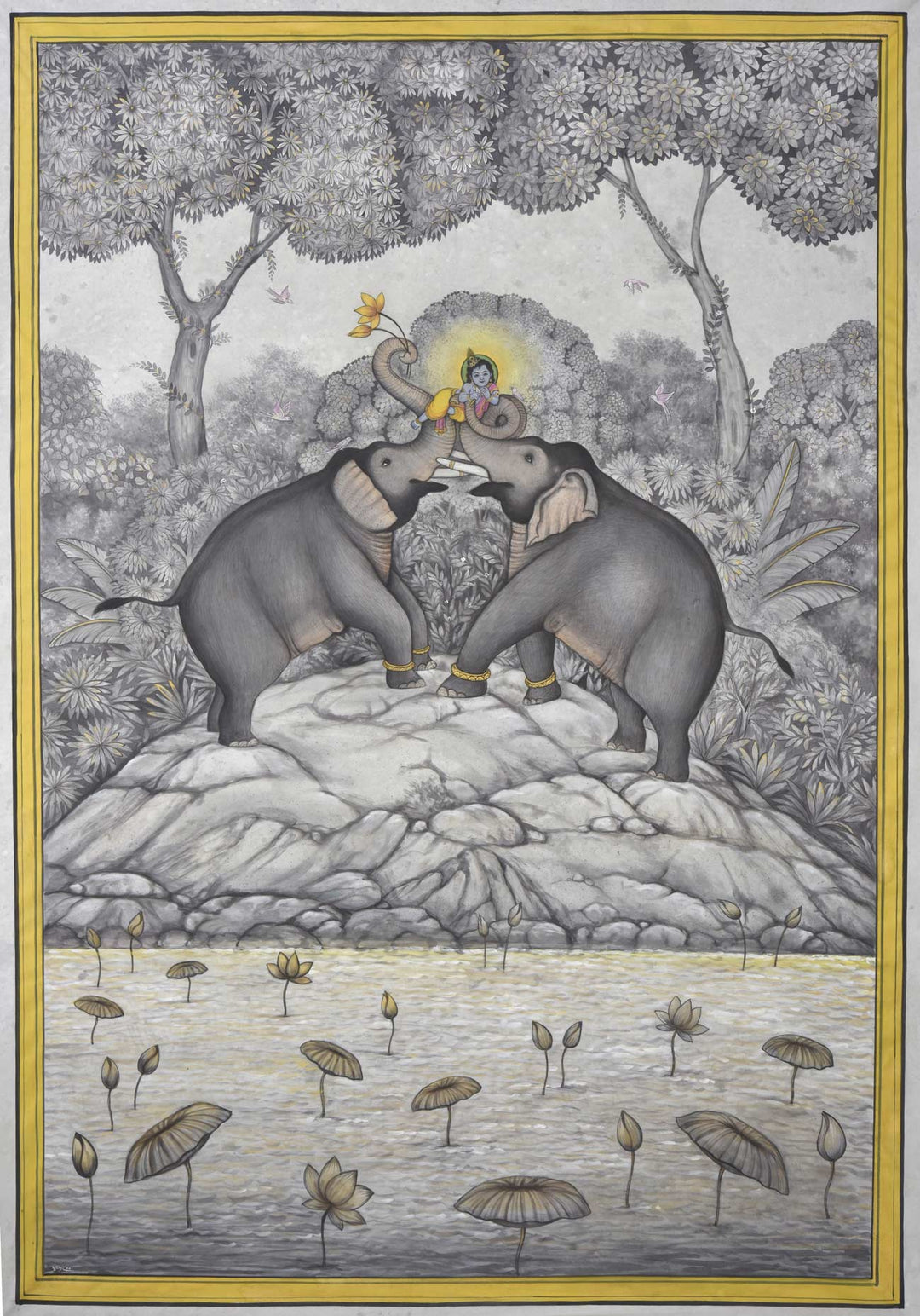 3x4 feet Authentic Jaipur Painting Krishna Bal Roop with Elephants  | SHOBITAM