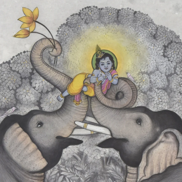 3x4 feet Authentic Jaipur Painting Krishna Bal Roop with Elephants  | SHOBITAM