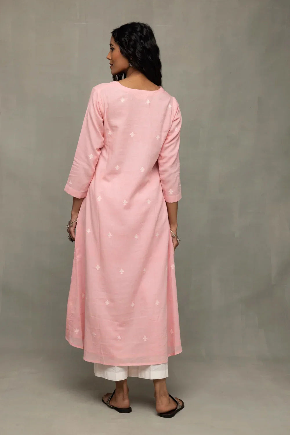 Petal Pink Handwoven Jamdani Kurta Set with Dupatta | SHOBITAM