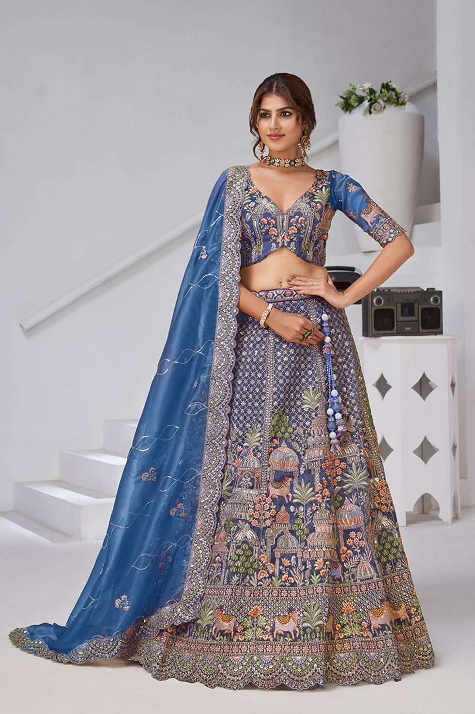 Ishanya Tissue Organza Teal Lehenga | SHOBITAM