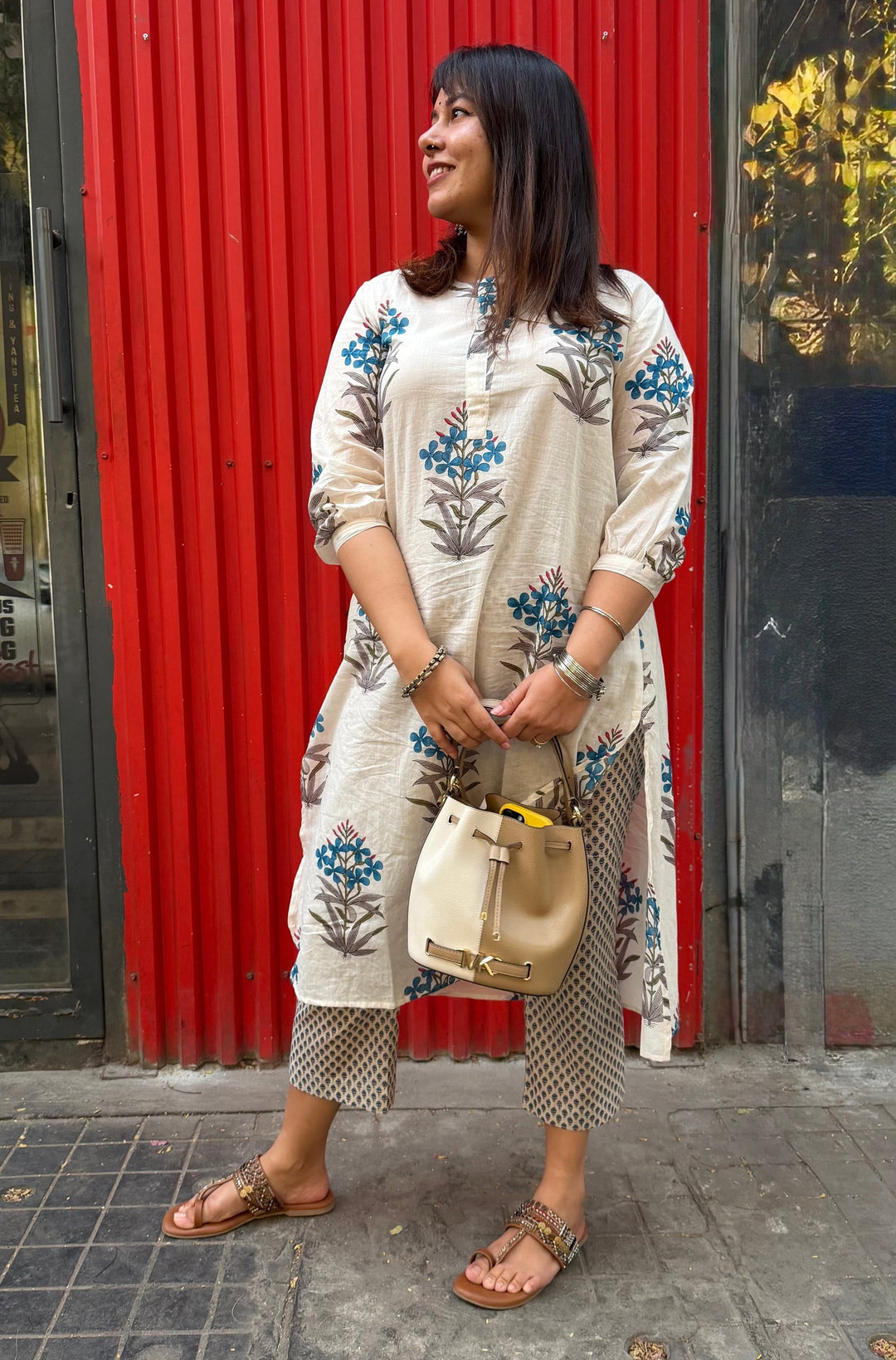 Flora Hand block Print White Cotton Kurta Set Of 2