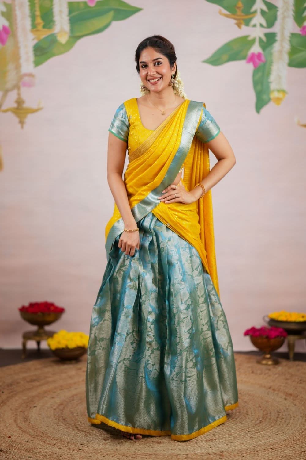 Nethra Aqua Blue Halfsaree (Set of 3) | SHOBITAM